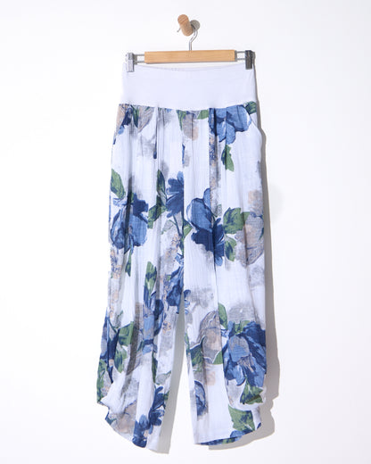 Santorini Cropped Relaxed Pants - Floral Blue
