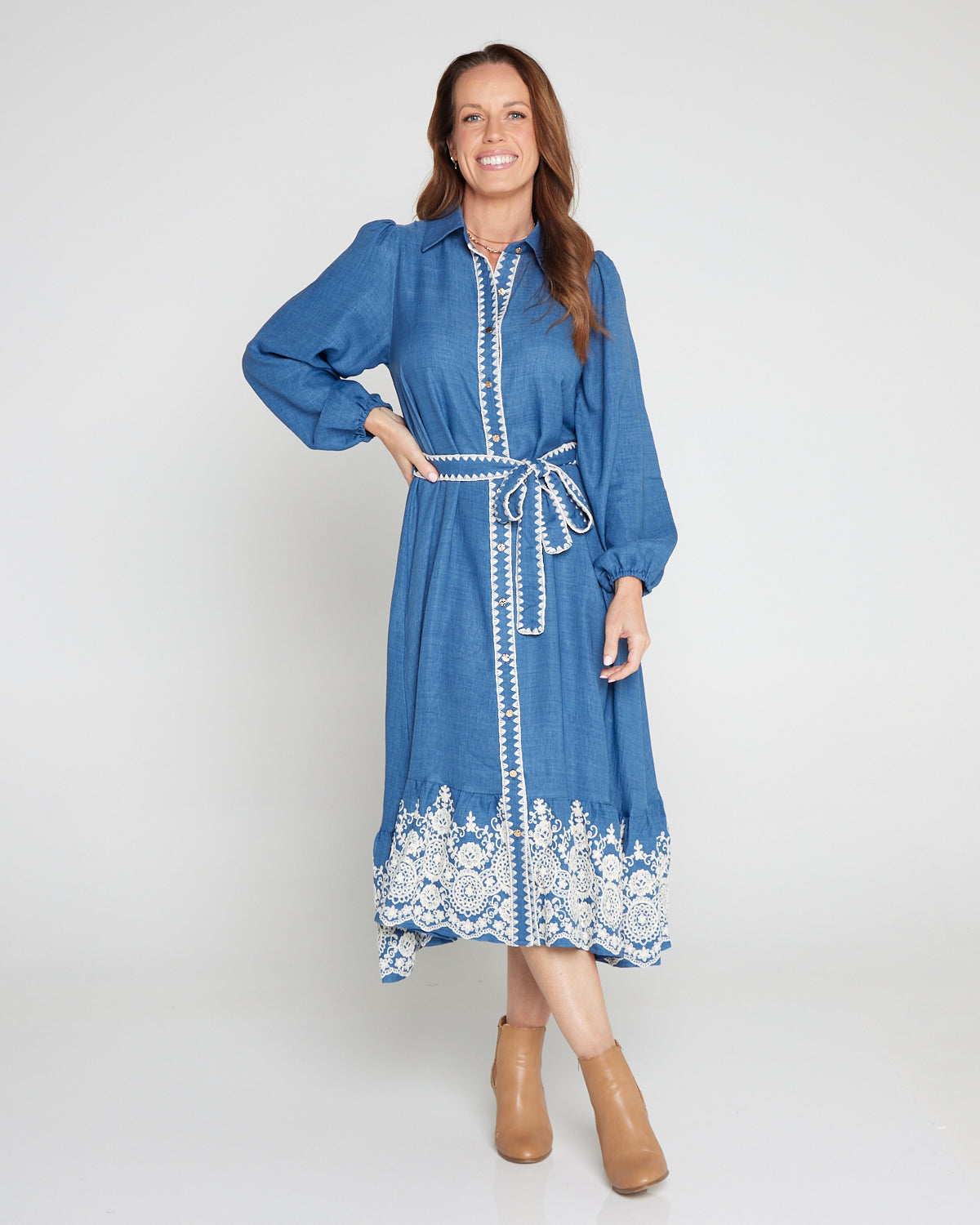 Camelle Embroidered Chambray Dress
