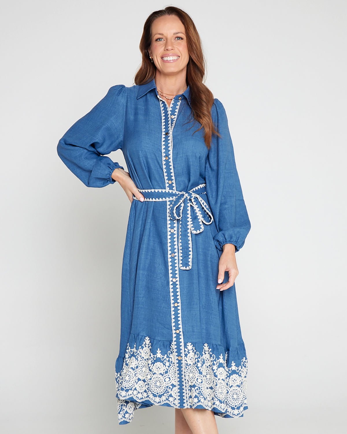 Camelle Embroidered Chambray Dress - Denim – TULIO Fashion