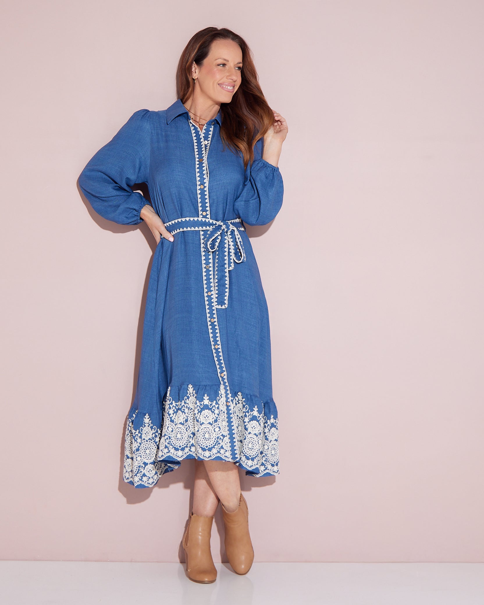 Camelle Embroidered Chambray Dress - Denim – TULIO Fashion