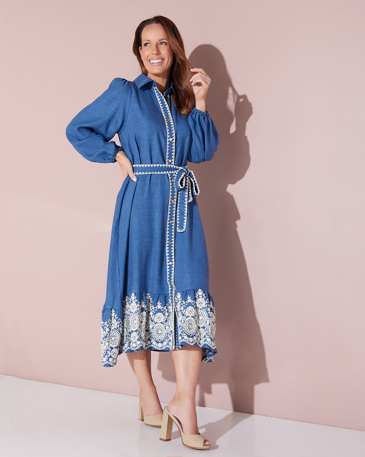 Camelle Embroidered Chambray Dress - Denim