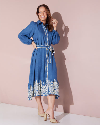 Camelle Embroidered Chambray Dress - Denim