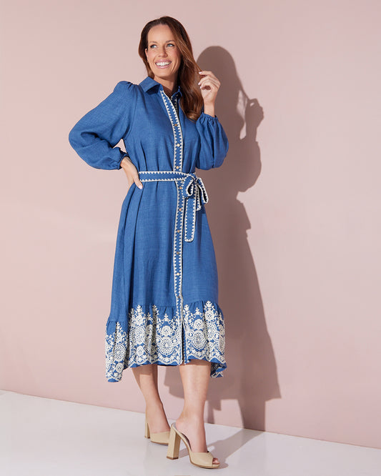 Camelle Embroidered Chambray Dress - Denim