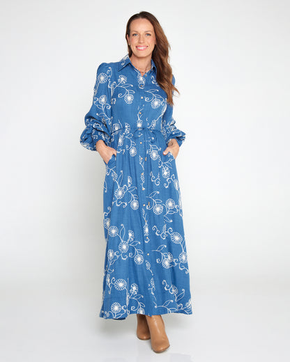 Mali Embroidered Chambray Maxi Dress - Blue
