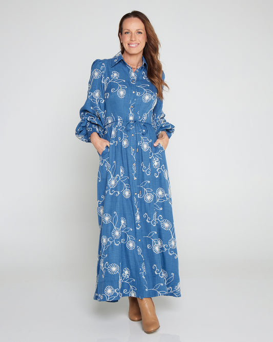 Mali Embroidered Chambray Maxi Dress - Blue