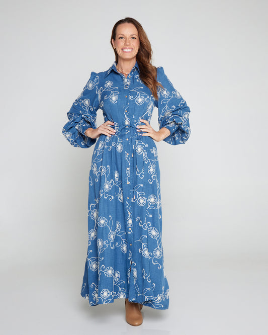Mali Embroidered Chambray Maxi Dress - Blue