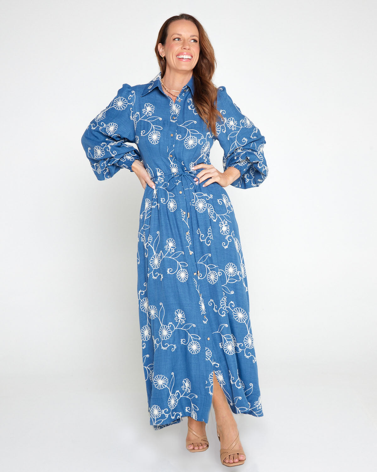 Mali Embroidered Chambray Maxi Dress - Blue