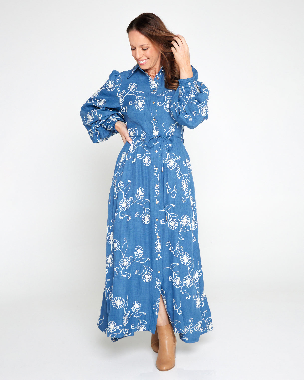 Mali Embroidered Chambray Maxi Dress - Blue