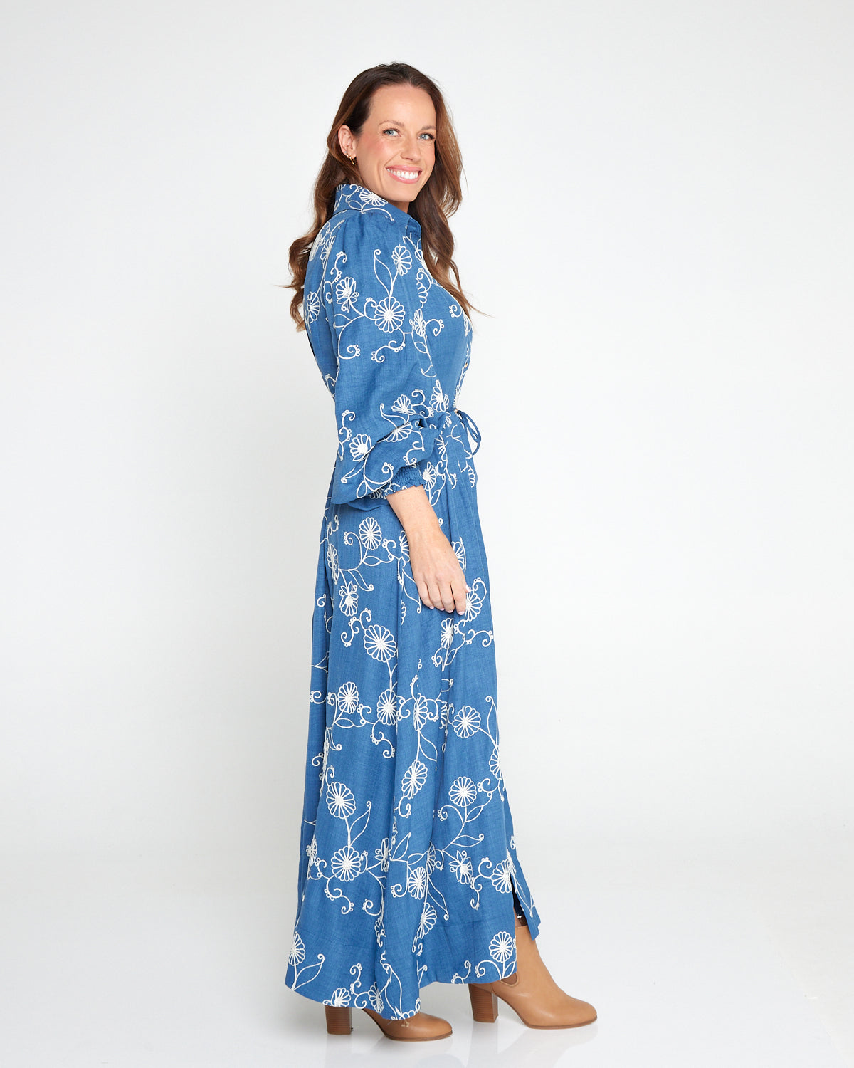Mali Embroidered Chambray Maxi Dress - Blue