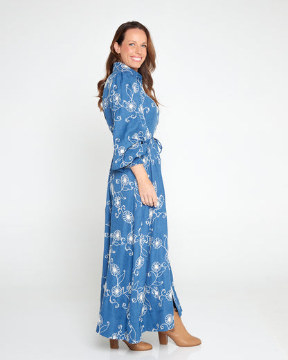 Mali Embroidered Chambray Maxi Dress - Blue