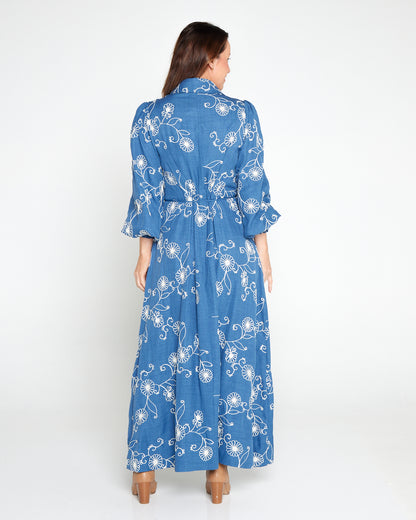 Mali Embroidered Chambray Maxi Dress - Blue