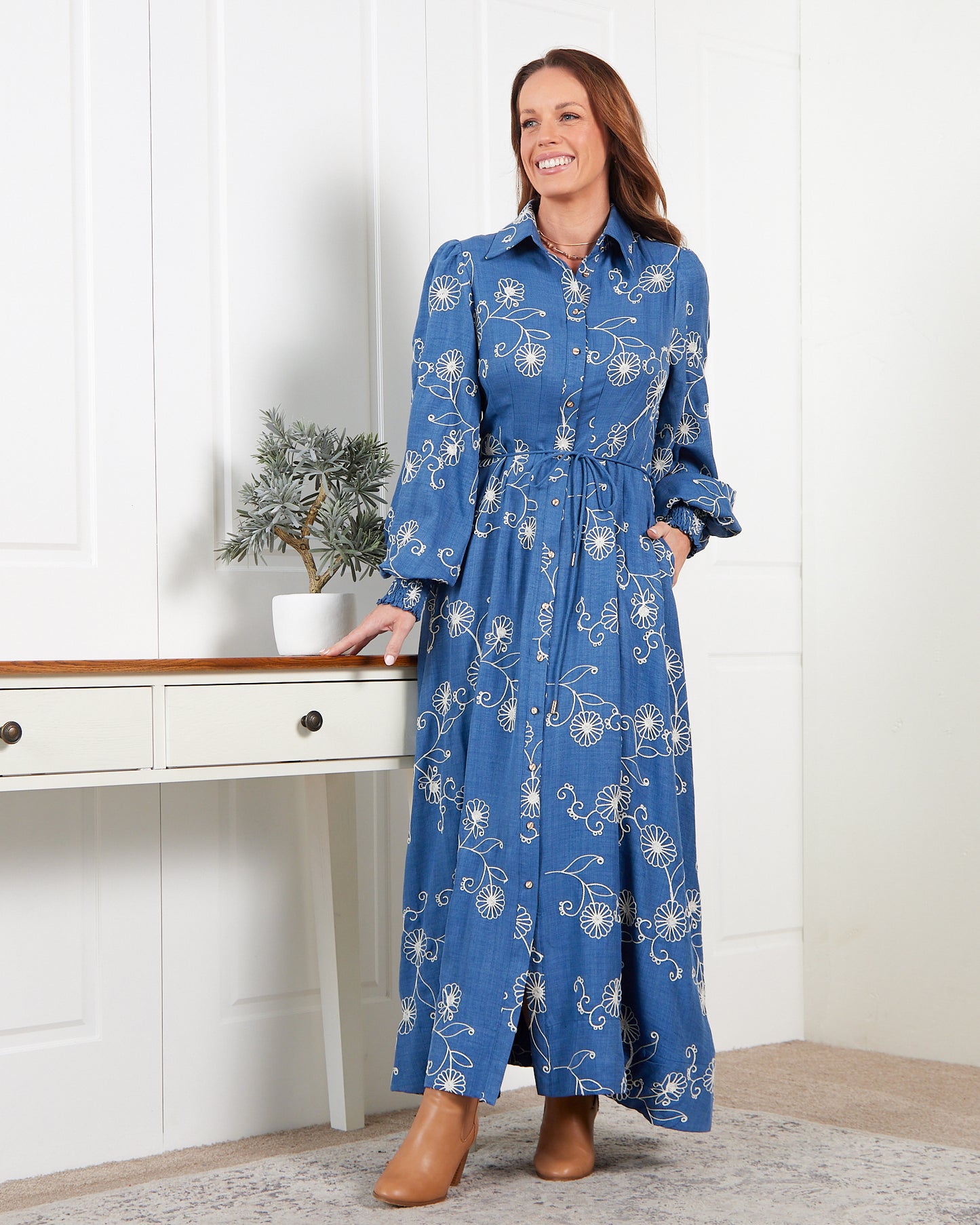 Mali Embroidered Chambray Maxi Dress - Blue
