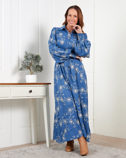 Mali Embroidered Chambray Maxi Dress - Blue