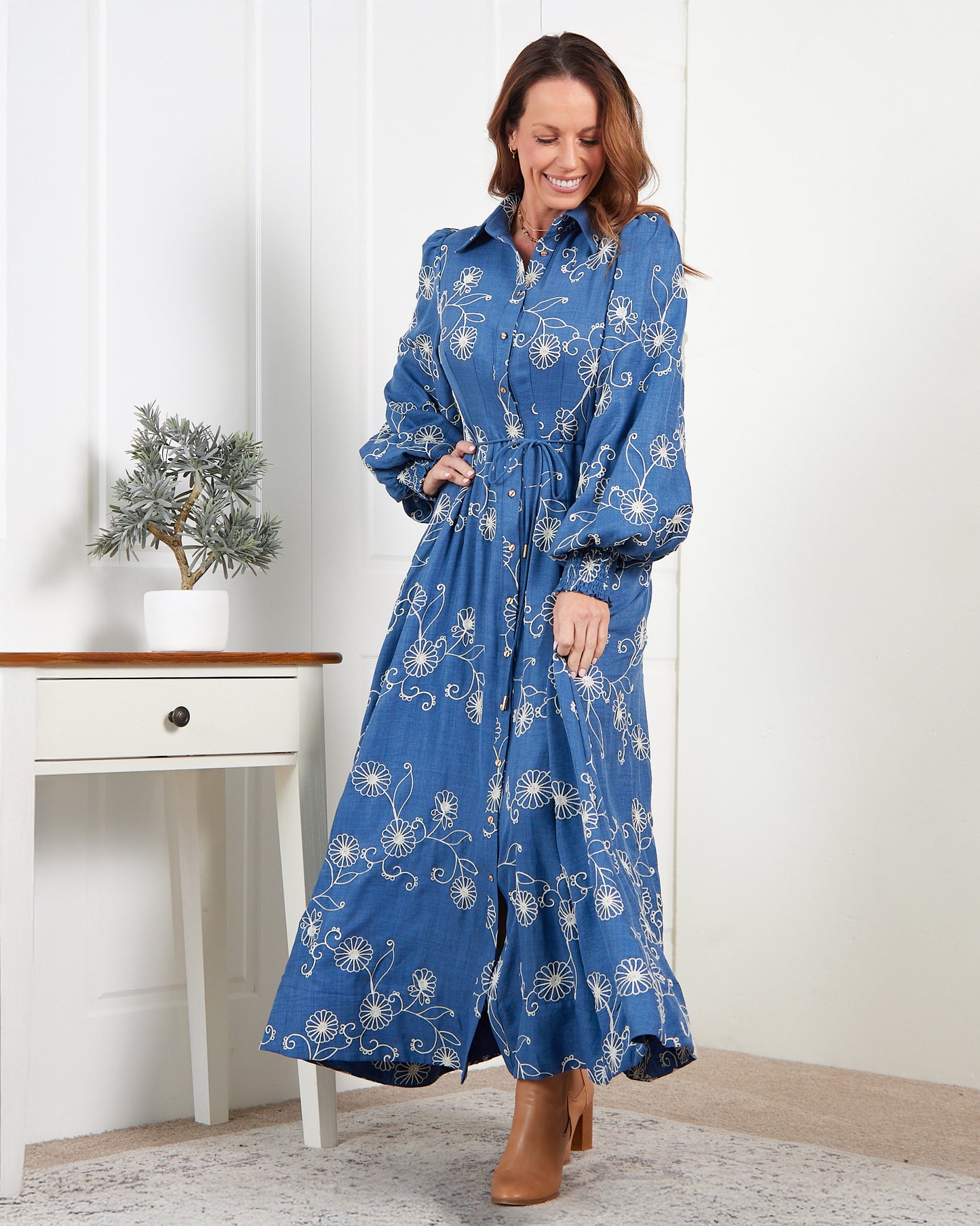Mali Embroidered Chambray Maxi Dress - Blue