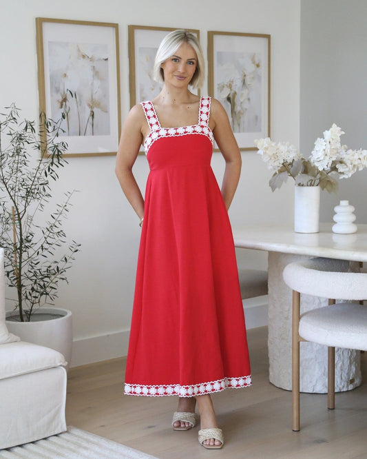 Chrissie Cotton Dress - Red/White Lace