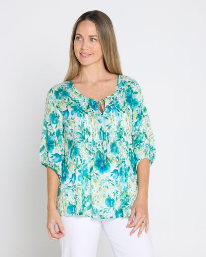 Toulouse Cotton Blouse - Teal Floral
