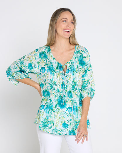 Toulouse Cotton Blouse - Teal Floral