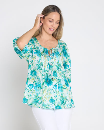 Toulouse Cotton Blouse - Teal Floral