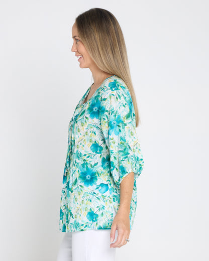 Toulouse Cotton Blouse - Teal Floral