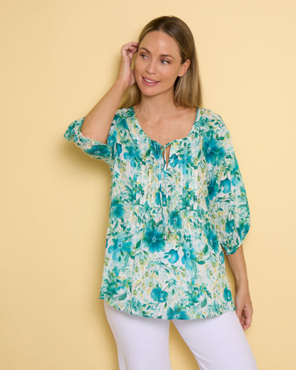 Toulouse Cotton Blouse - Teal Floral