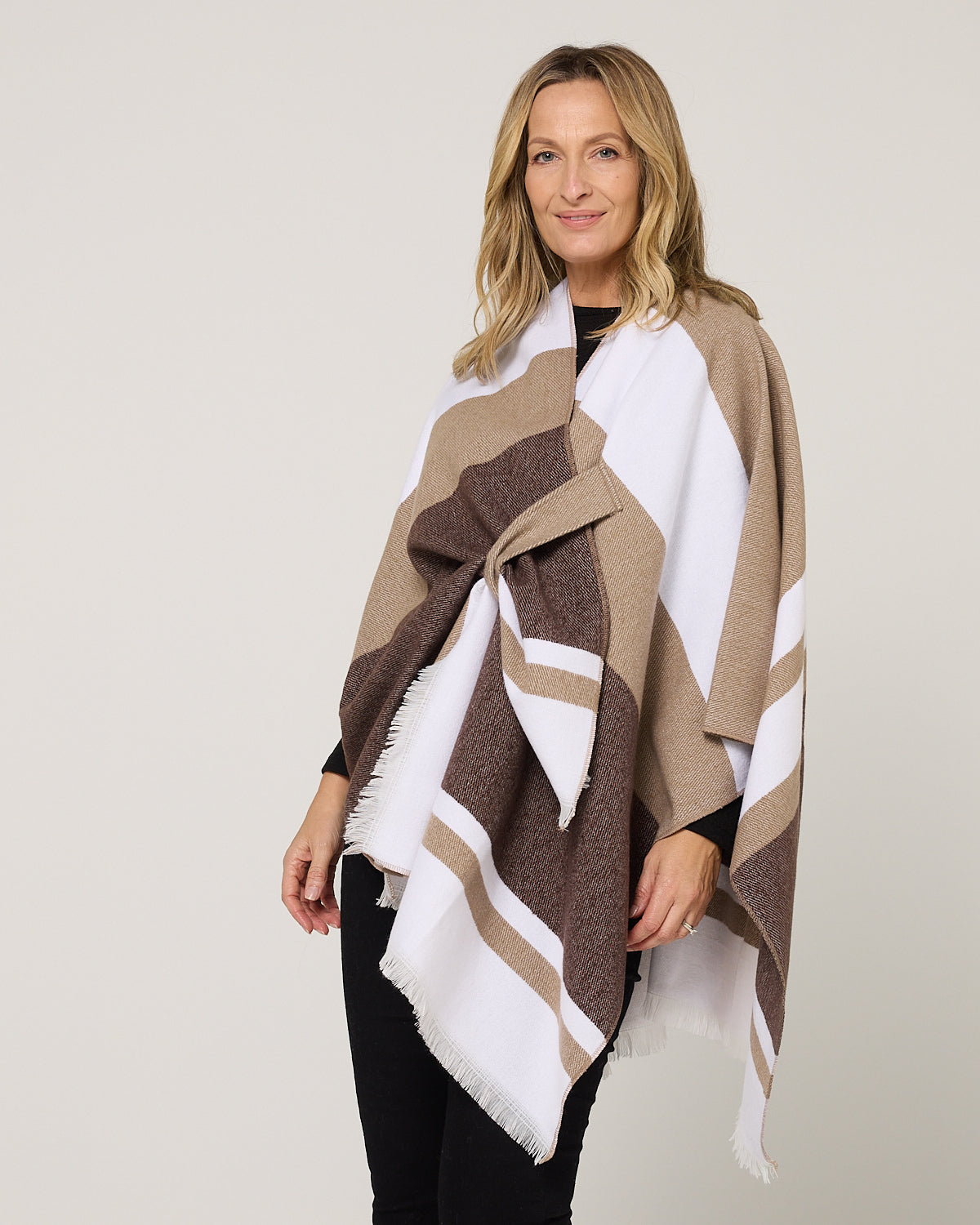 Portland Poncho - Brown/White Stripe