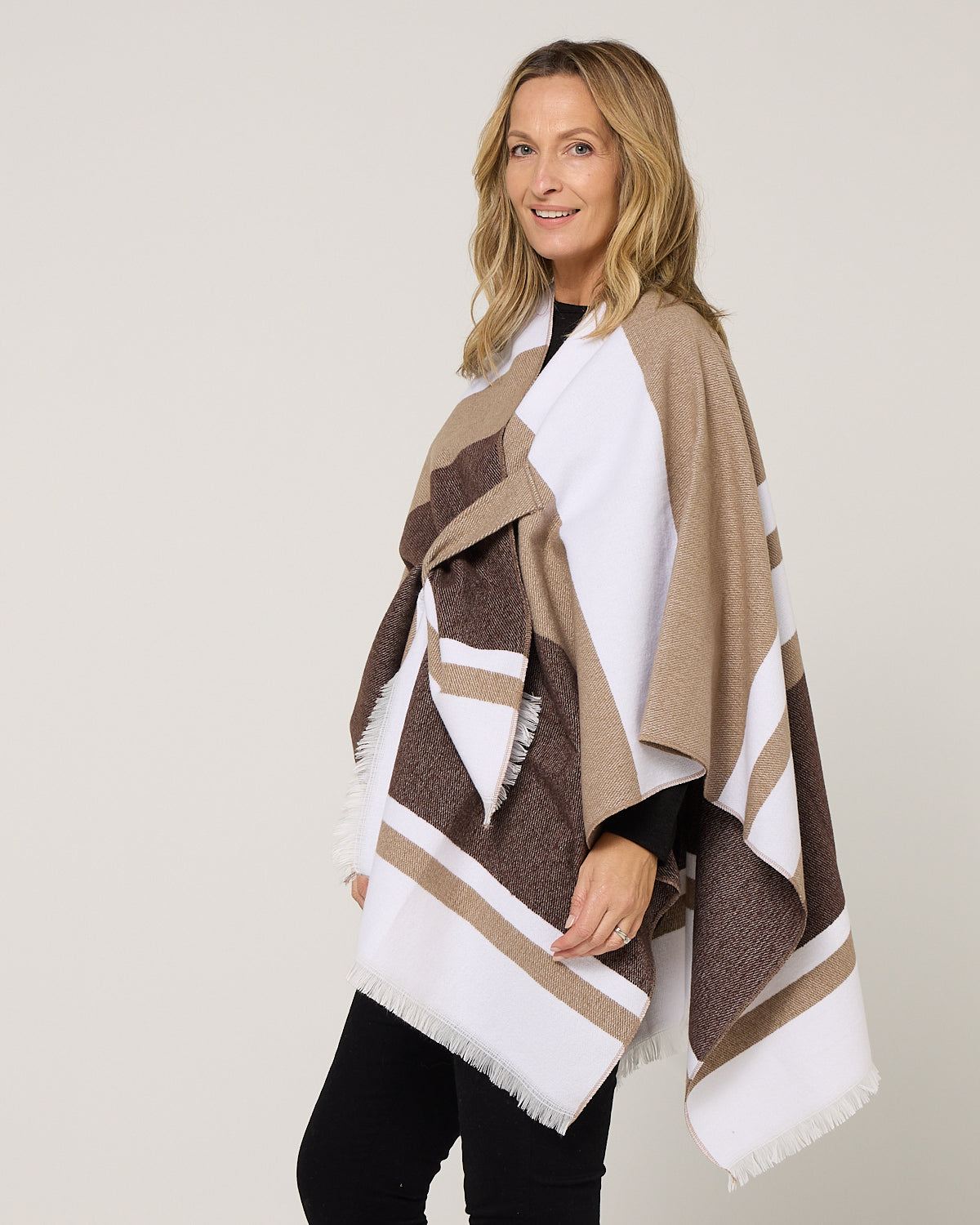 Portland Poncho - Brown/White Stripe