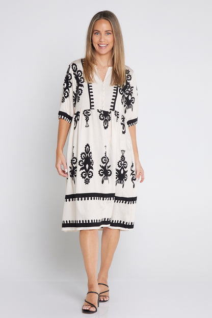 Zalara Dress - Cream/Black Print