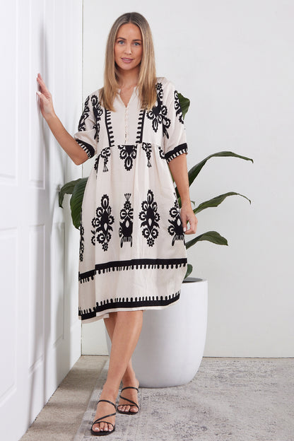 Zalara Dress - Cream/Black Print