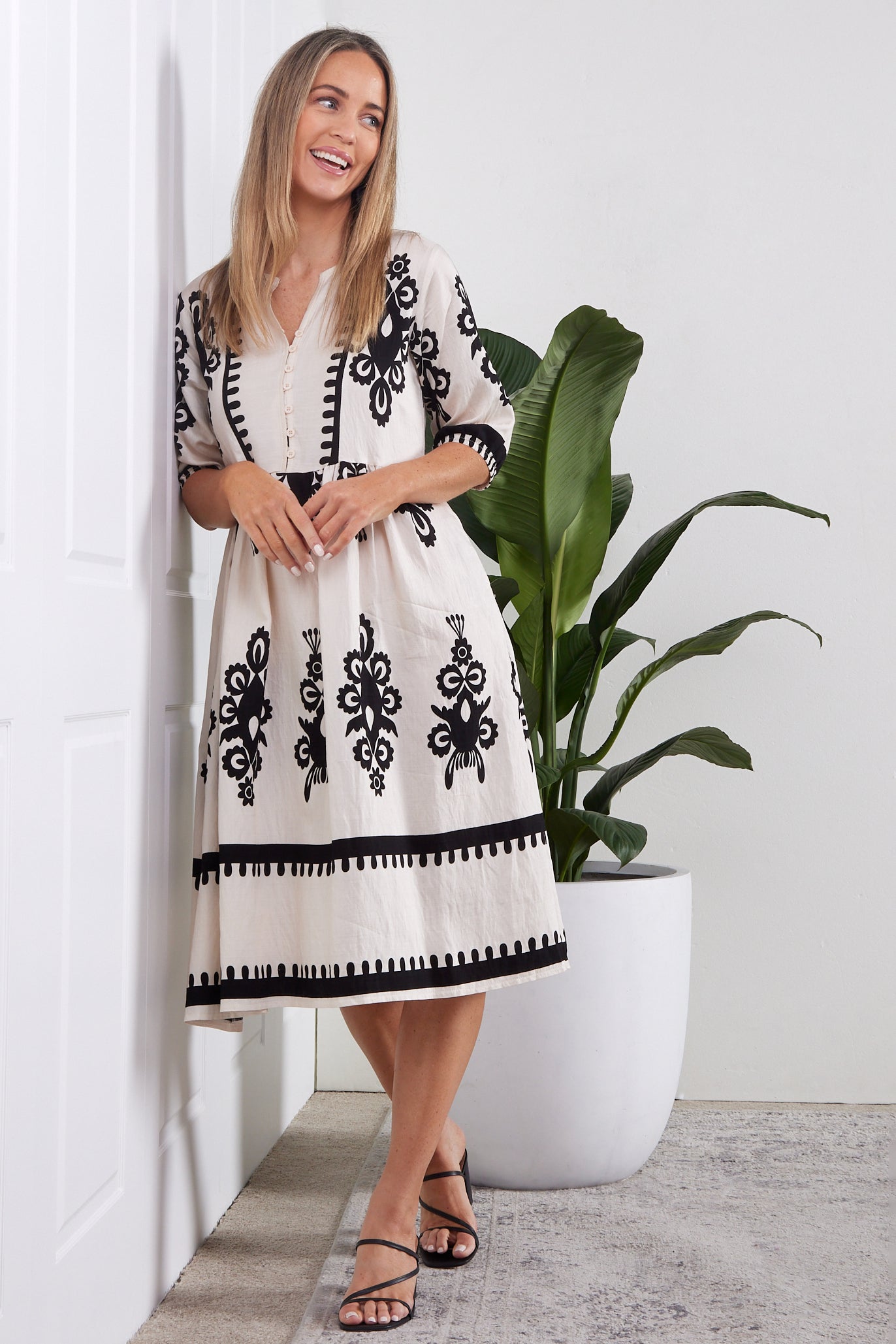 Zalara Dress - Cream/Black Print