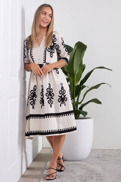 Zalara Dress - Cream/Black Print