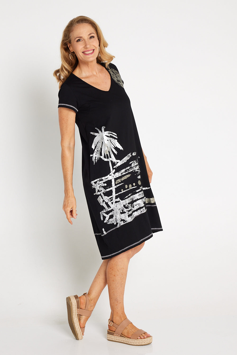 Zali Dress - Black/Metallic Palm Print