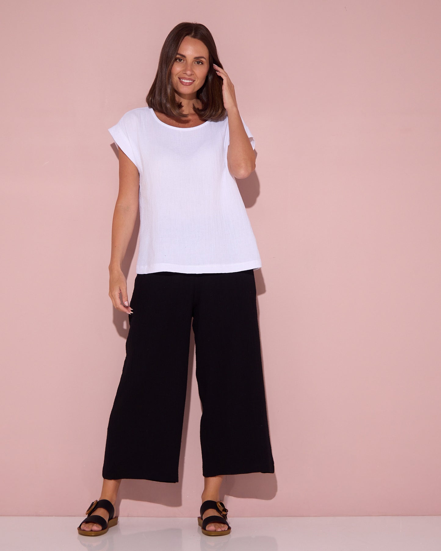 Petite Bonded Muslin Cheesecloth Pants - Black