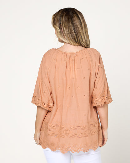 Elland Broiderie Top - Toffee