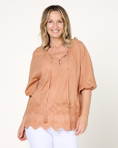 Elland Broiderie Top - Toffee