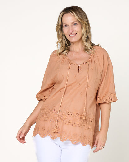 Elland Broiderie Top - Toffee
