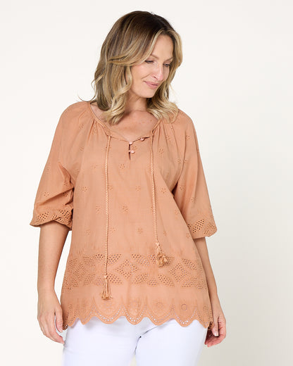Elland Broiderie Top - Toffee
