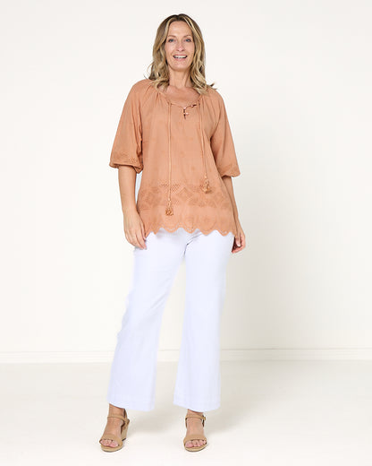 Elland Broiderie Top - Toffee