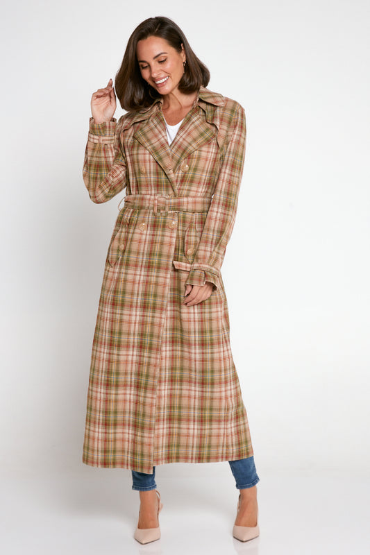 Smith Cotton Trench Coat - Camel/Olive Check