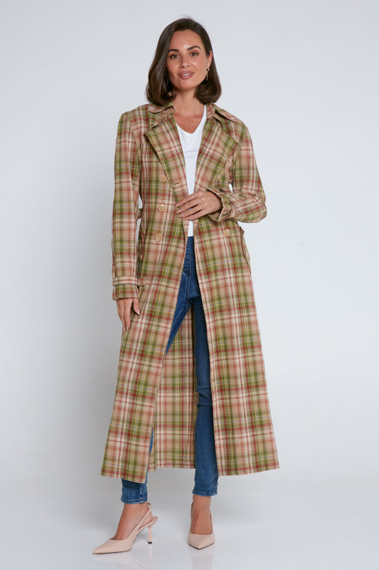 Smith Cotton Trench Coat - Camel/Olive Check