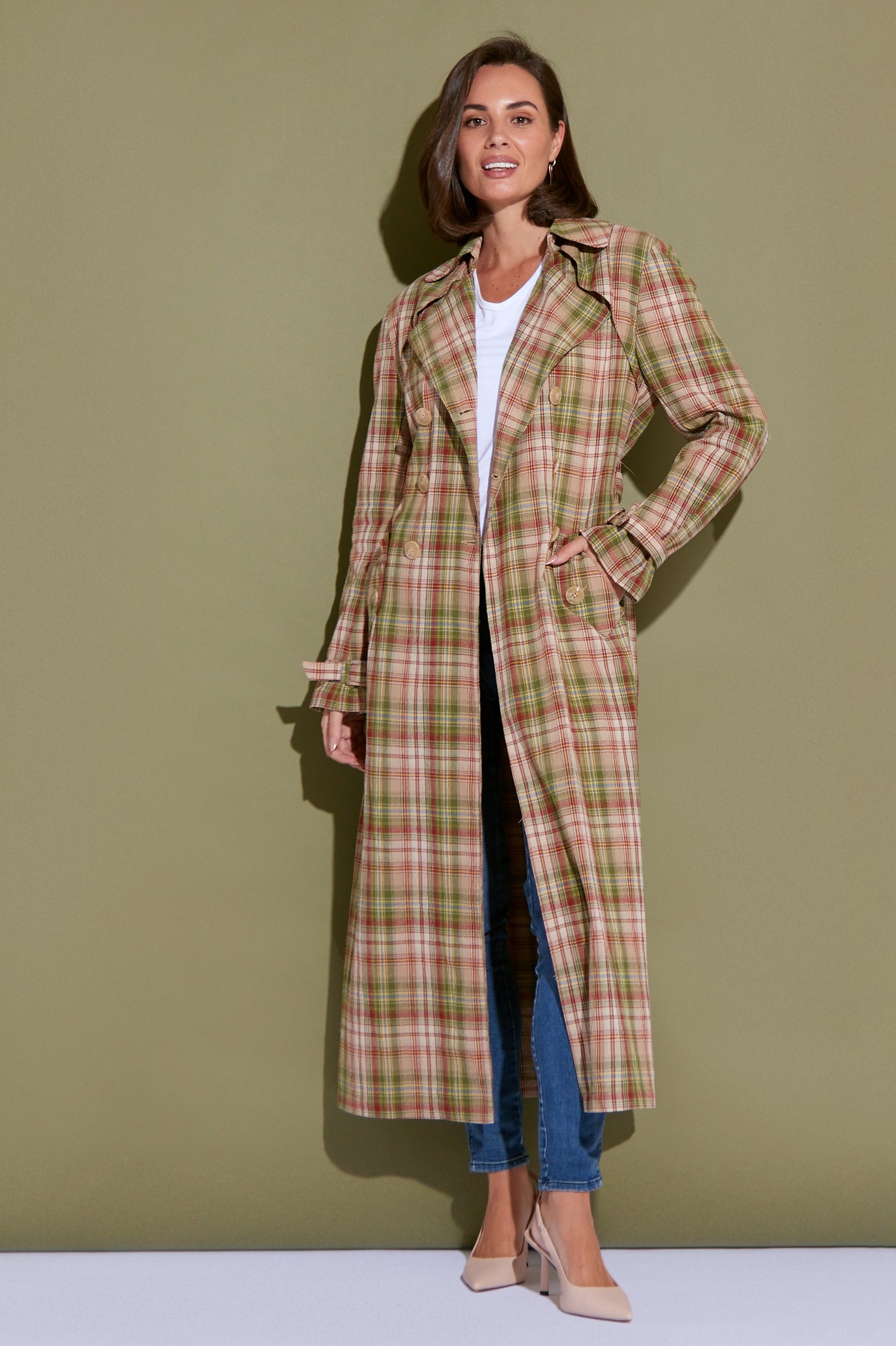 Smith Light Cotton Trench Coat - Camel/Olive Check