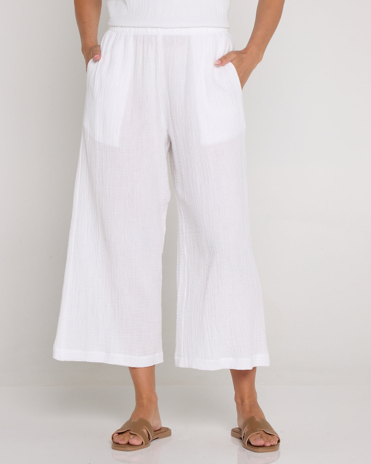 Petite Bonded Muslin Cheesecloth Pants - White