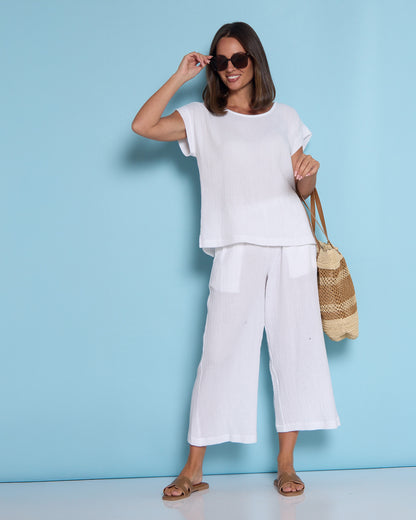 Petite Bonded Muslin Cheesecloth Pants - White