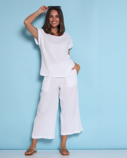 Petite Bonded Muslin Cheesecloth Pants - White