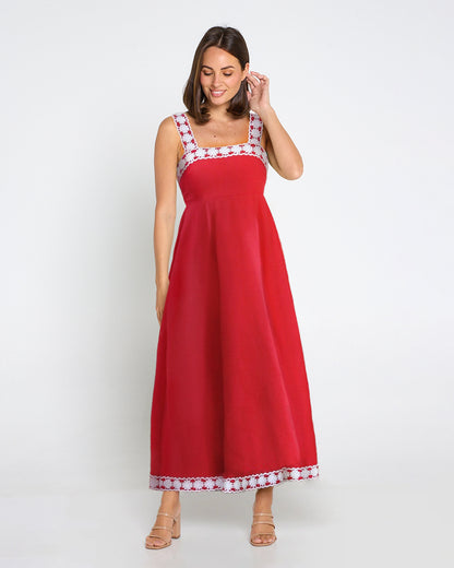 Chrissie Cotton Dress - Red/White Lace