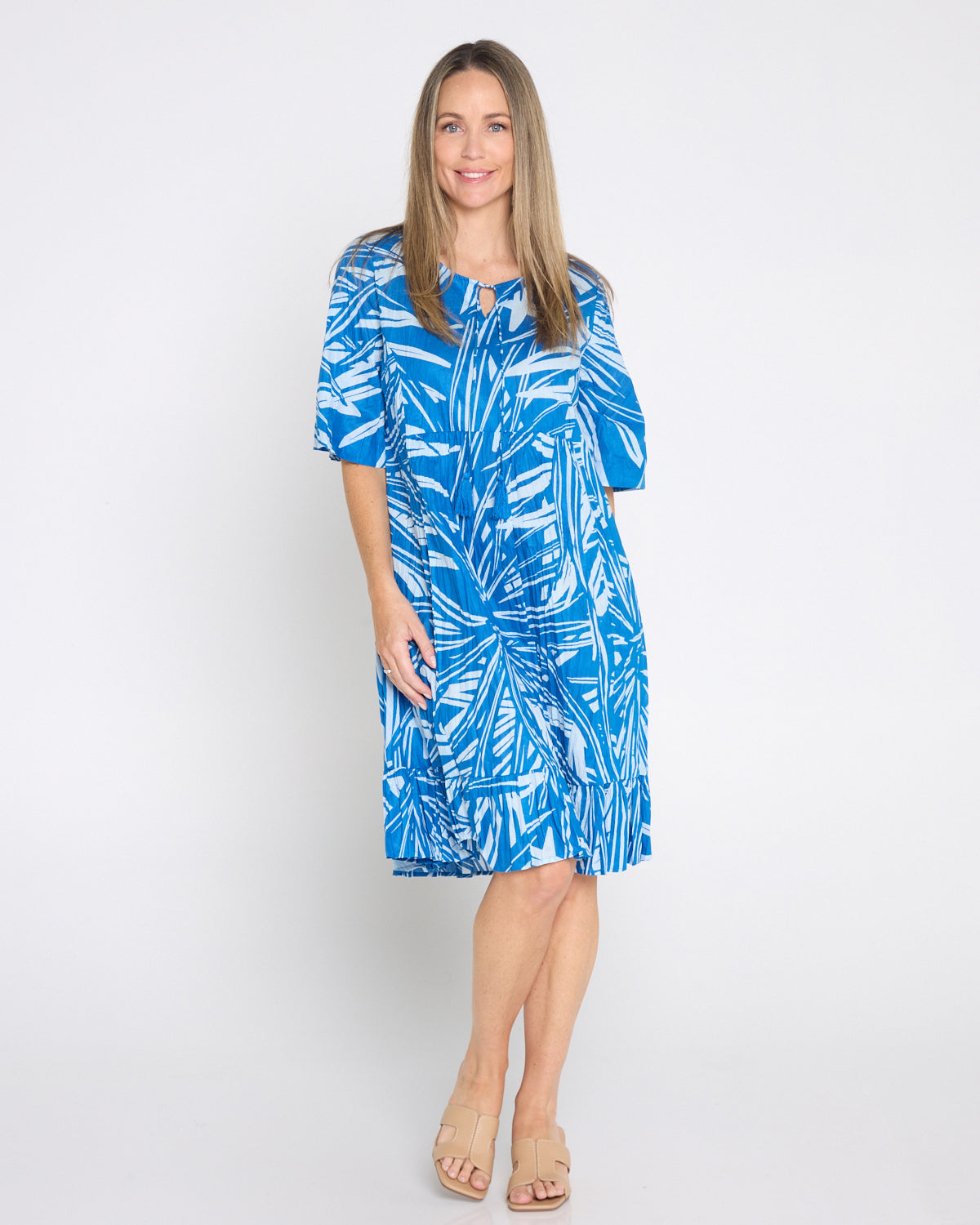 Charli Cotton Tassel Tie Dress - Mono Jungle Blue