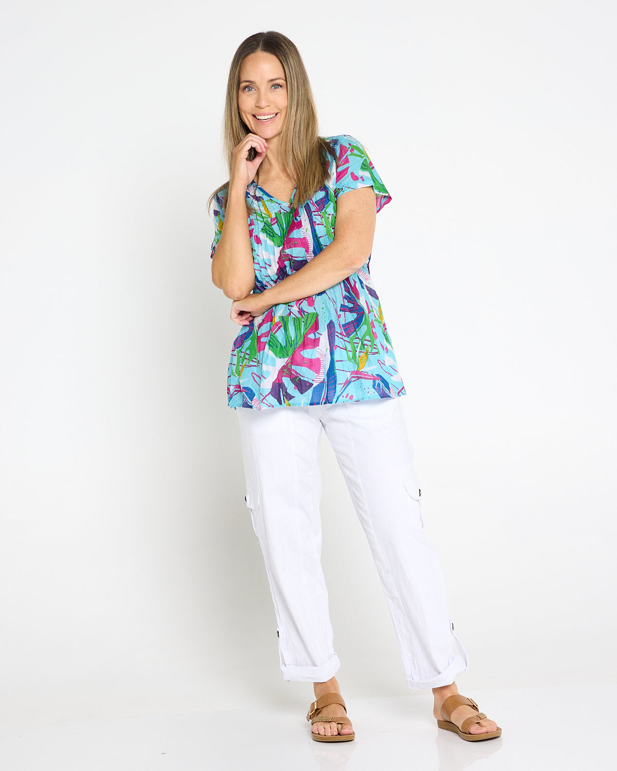 Kayla Cotton Short Sleeve Top - Abstract Tropical