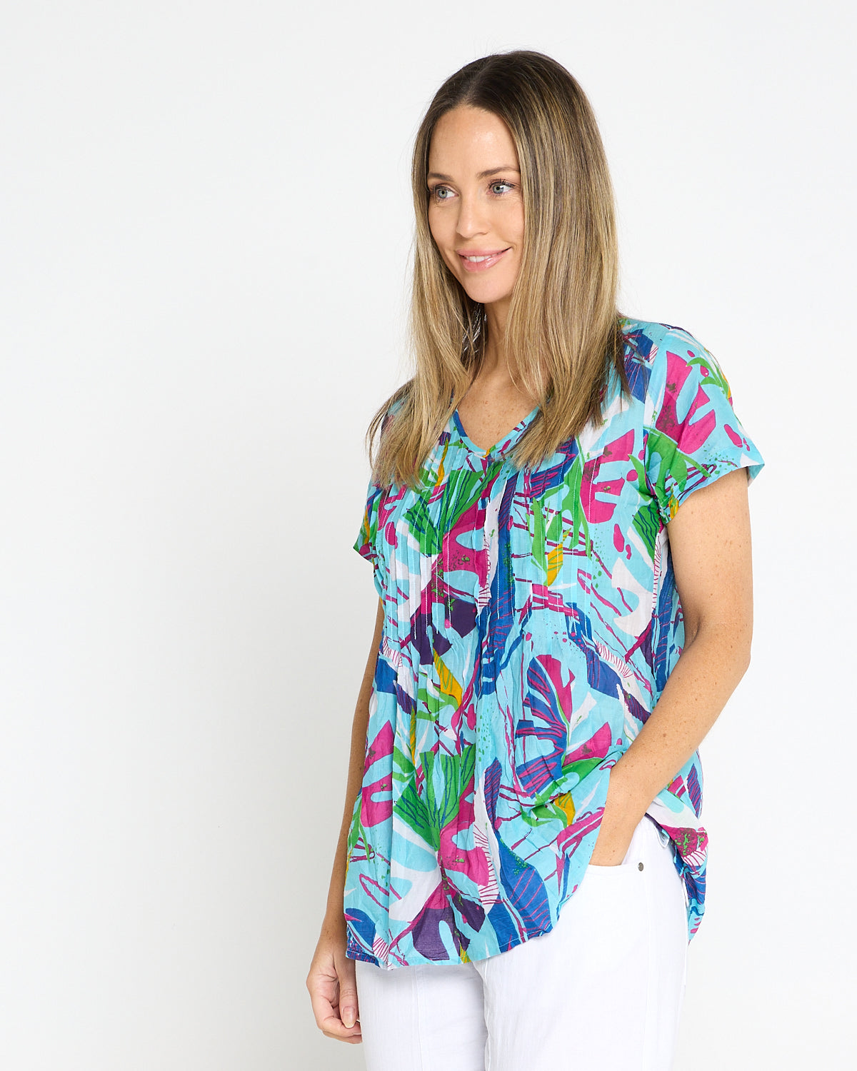 Kayla Cotton Short Sleeve Top - Abstract Tropical