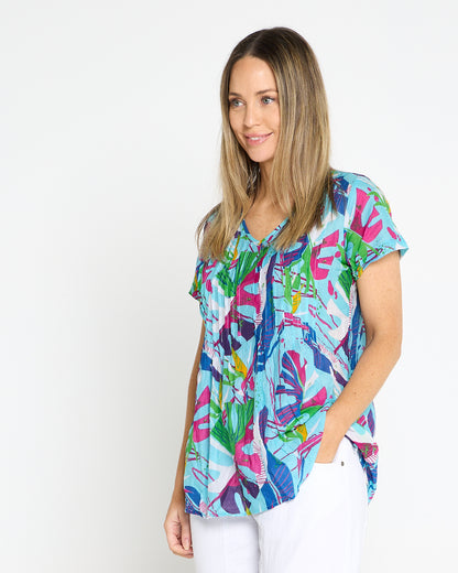 Kayla Cotton Short Sleeve Top - Abstract Tropical