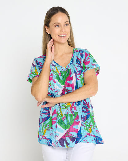 Kayla Cotton Short Sleeve Top - Abstract Tropical