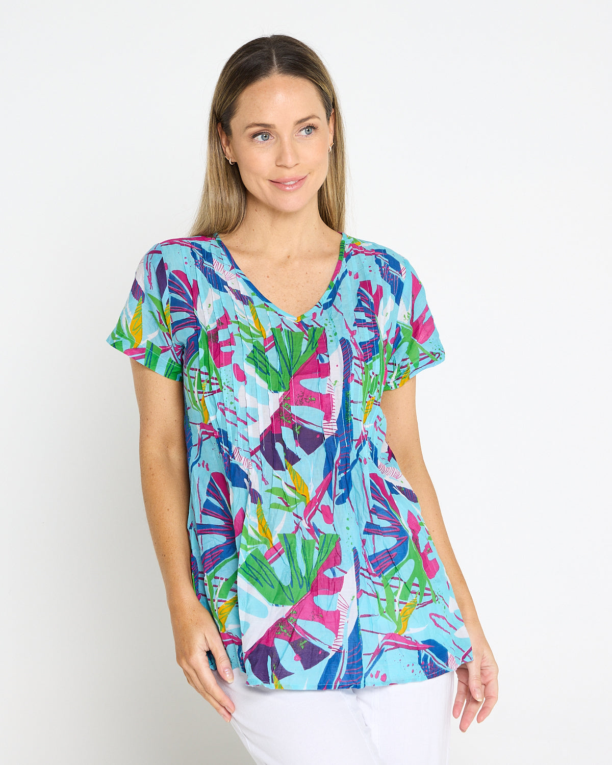 Kayla Cotton Short Sleeve Top - Abstract Tropical